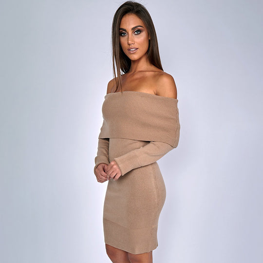 Damen Strickkleid mit Off-Shoulder Design und dekorativem Kordelzug EB