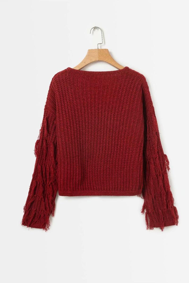 Damen trendiger Strickpullover mit ausgefallenen Fransenärmeln EB