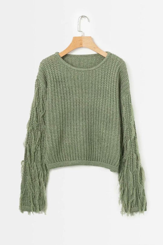 Damen trendiger Strickpullover mit ausgefallenen Fransenärmeln EB