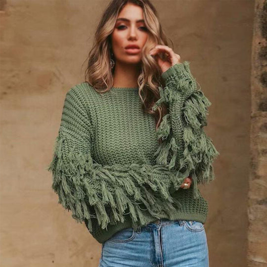 Damen Grobstrickpullover mit fransigen Ärmeln und lockerem Schnitt EB