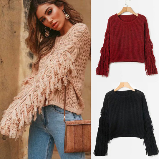 Damen Grobstrickpullover mit modischen Fransenärmeln EB