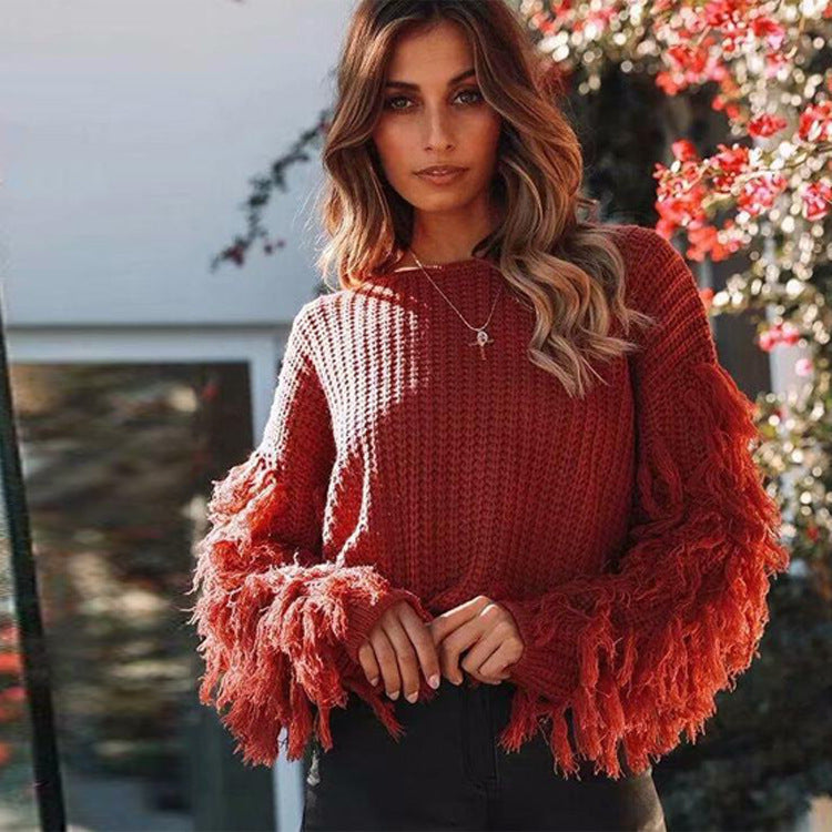 Damen Grobstrickpullover mit modischen Fransenärmeln EB