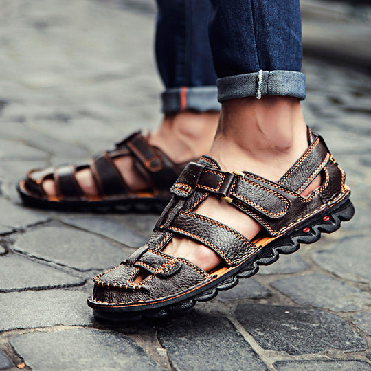 Herren Bequeme Ledersandalen mit verstellbarem Riemen und rutschfester Sohle EB