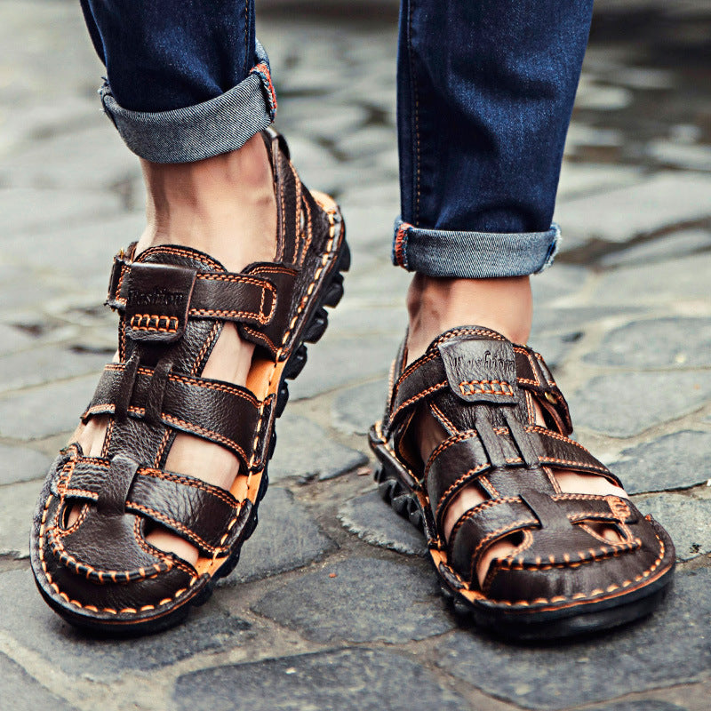 Herren Bequeme Ledersandalen mit verstellbarem Riemen und rutschfester Sohle EB