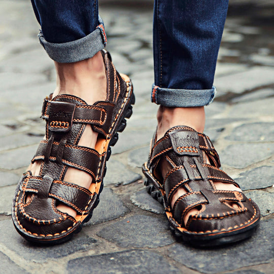 Herren Bequeme Ledersandalen mit verstellbarem Riemen und rutschfester Sohle EB