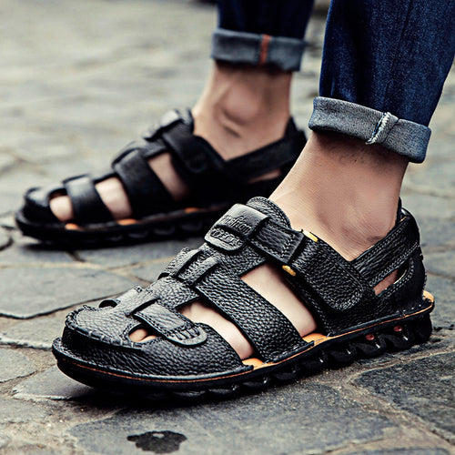 Herren Bequeme Ledersandalen mit verstellbarem Riemen und rutschfester Sohle EB