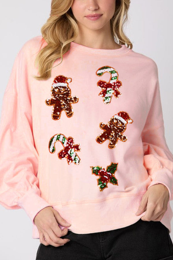 EB | Weihnachts Lebkuchenmann Paillette Lässig Langarm Sweatshirt