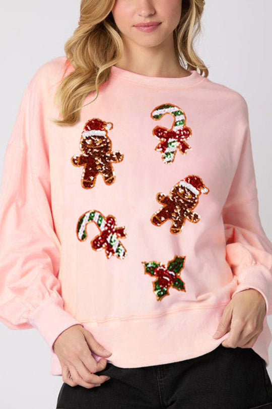 EB | Weihnachts Lebkuchenmann Paillette Lässig Langarm Sweatshirt