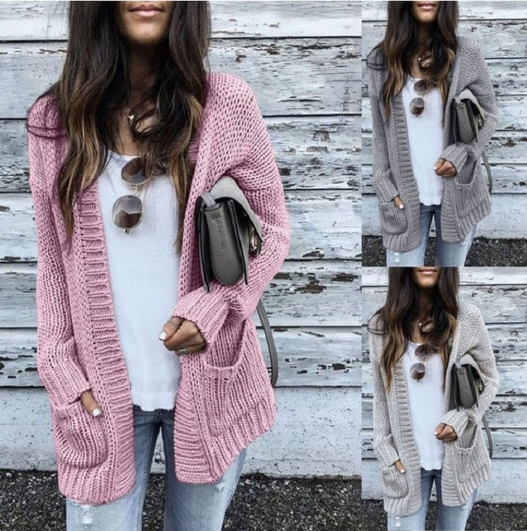 Damen Grobstrickjacke mit lässigen Taschen und offener Front EB