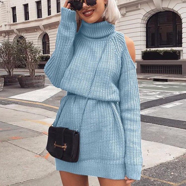 Damen Trendiger Strickpullover mit offener Schulter und hohem Kragen EB