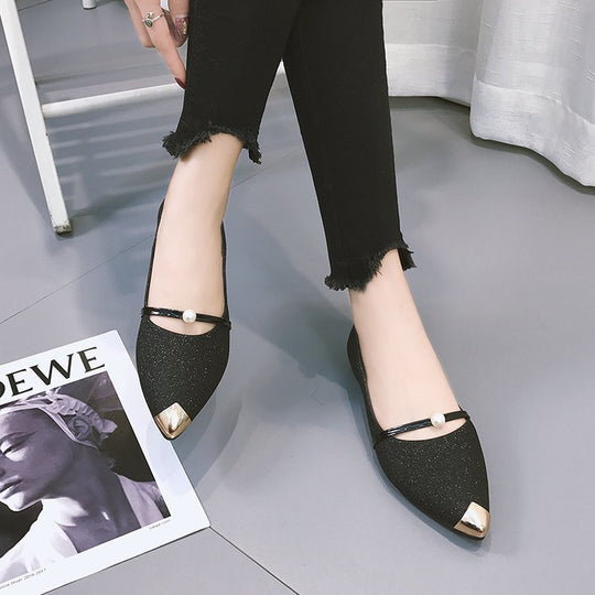 Damen nan elegante Glitzer-Slipper mit spitzer Metallkappe, perlenbesetztem Spannriemen und flachem Absatz EB