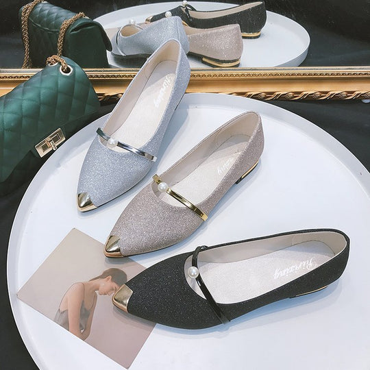 Damen nan elegante Glitzer-Slipper mit spitzer Metallkappe, perlenbesetztem Spannriemen und flachem Absatz EB