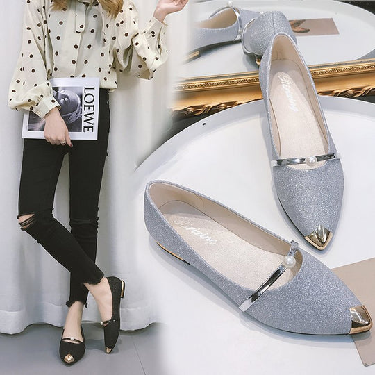 Damen nan elegante Glitzer-Slipper mit spitzer Metallkappe, perlenbesetztem Spannriemen und flachem Absatz EB