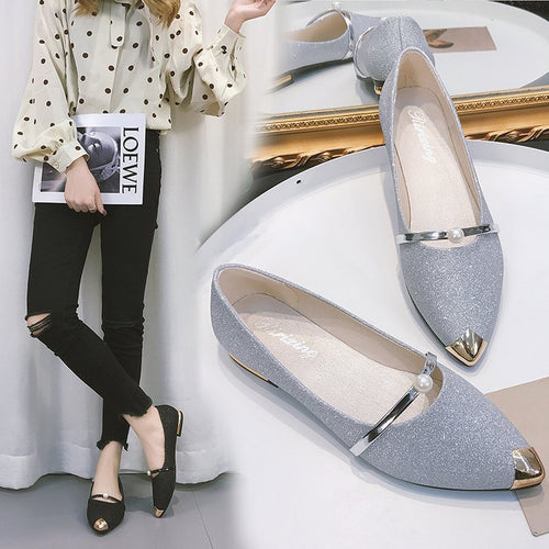 Damen nan elegante Glitzer-Slipper mit spitzer Metallkappe, perlenbesetztem Spannriemen und flachem Absatz EB
