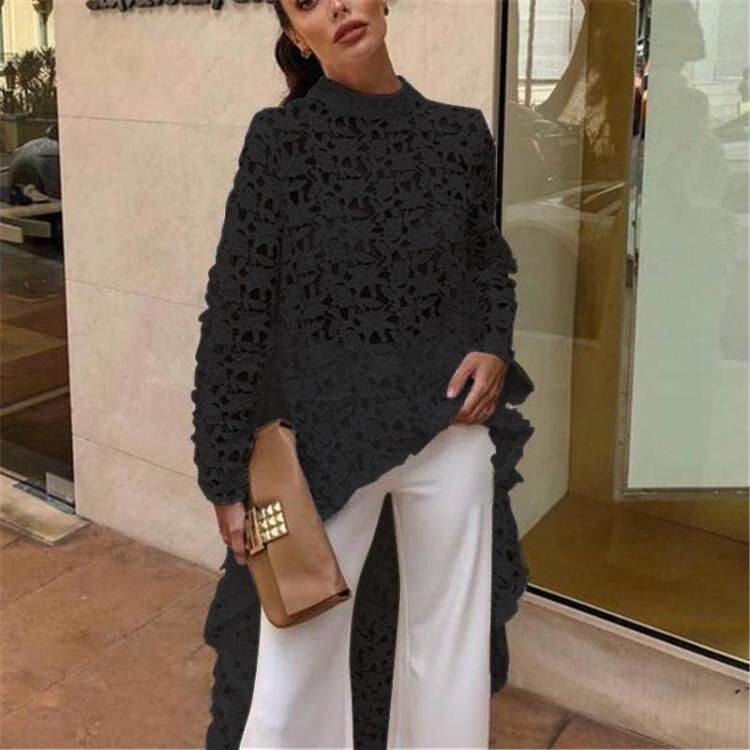 Damen Spitzenbluse mit asymmetrischem Schnitt und eleganten Details EB