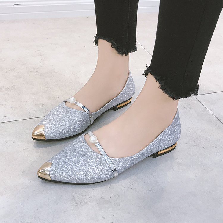 Damen nan elegante Glitzer-Slipper mit spitzer Metallkappe, perlenbesetztem Spannriemen und flachem Absatz EB
