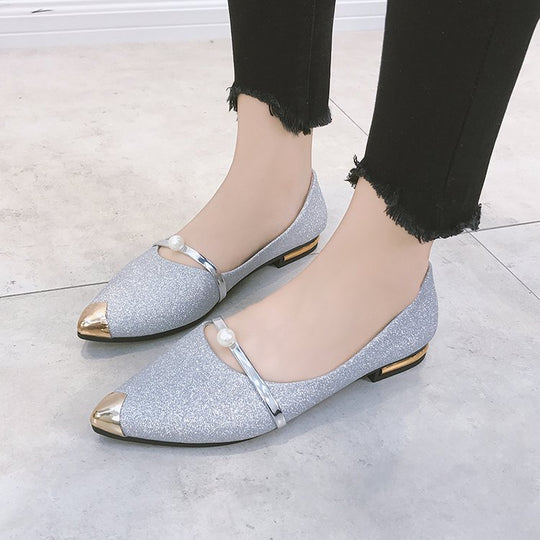 Damen nan elegante Glitzer-Slipper mit spitzer Metallkappe, perlenbesetztem Spannriemen und flachem Absatz EB