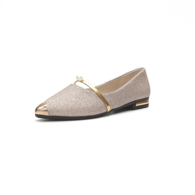Damen nan elegante Glitzer-Slipper mit spitzer Metallkappe, perlenbesetztem Spannriemen und flachem Absatz EB