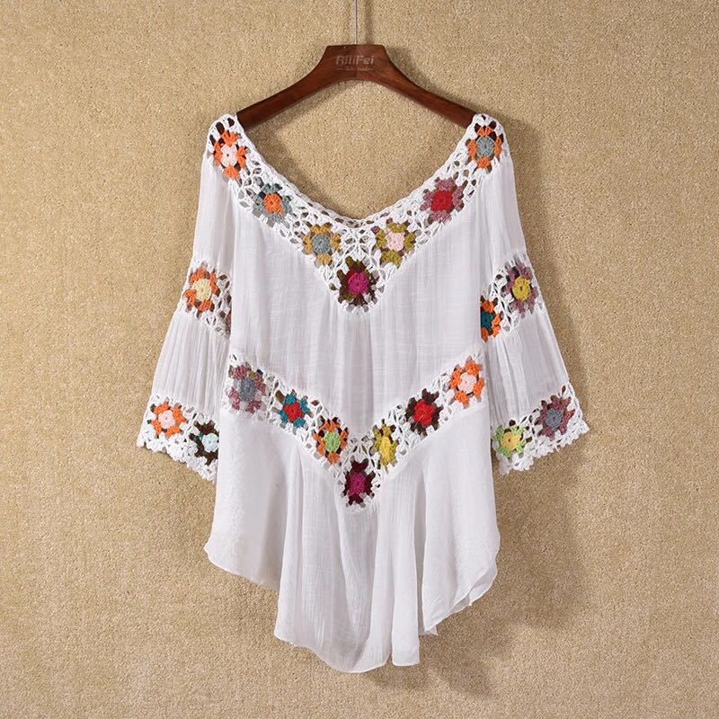 Damen Häkelbluse mit bunten Floral-Applikationen EB