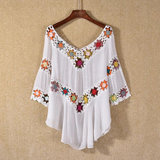 Damen Häkelbluse mit bunten Floral-Applikationen EB
