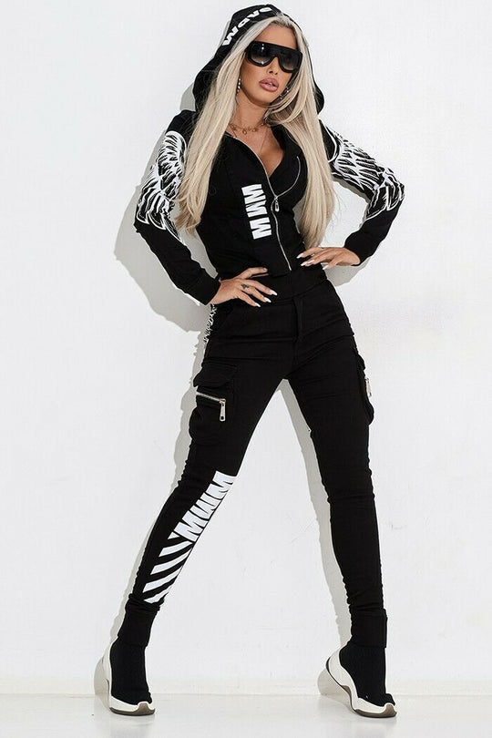 Damen nan stylisches zweiteiliges Kapuzen-Set mit tailliertem Reißverschluss-Hoodie und Cargo-Jogginghose EB