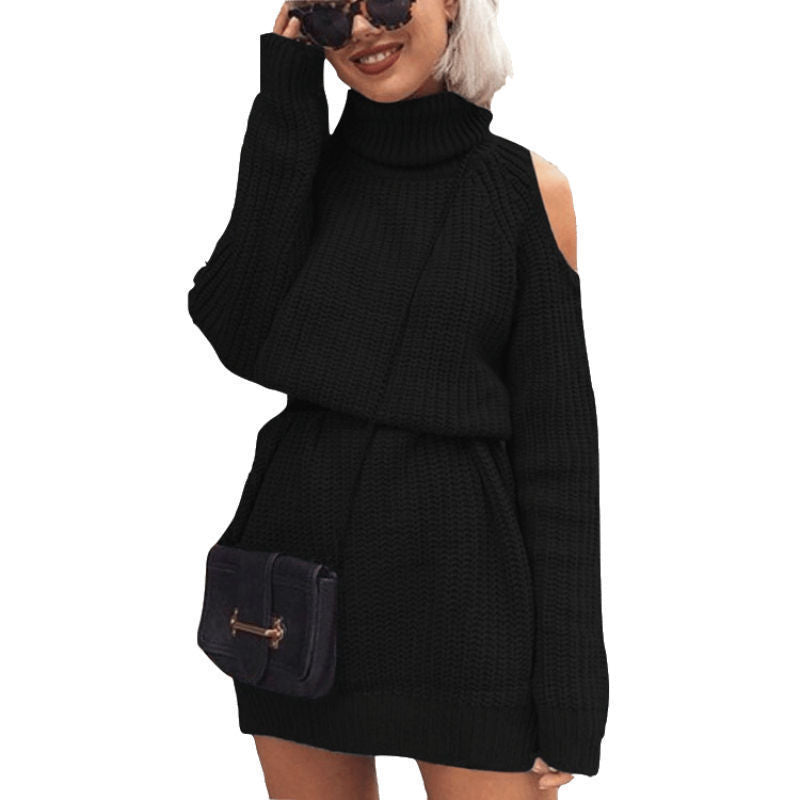 Damen Strickkleid mit Rollkragen und offenen Schultern EB