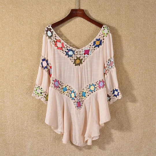 Damen Häkelbluse mit bunten Floral-Applikationen EB