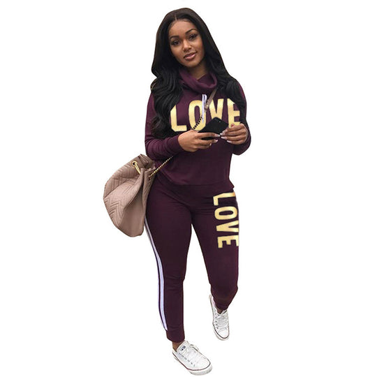 Damen nan sportives Kapuzen-Sweatshirt-Set mit Goldprint und Highwaist-Jogginghose EB