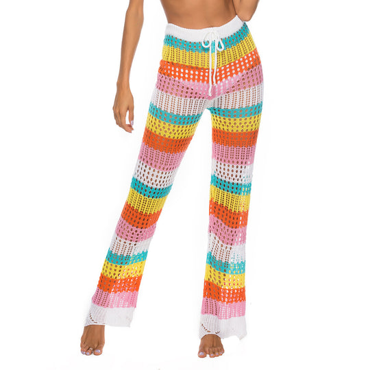 Damen luftige Häkel-Strickhose im modernen Farbblockdesign EB