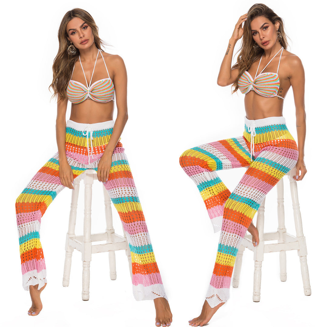 Damen luftige Häkel-Strickhose im modernen Farbblockdesign EB