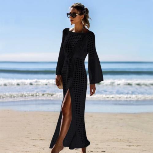 Damen Häkel-Strandkleid mit tiefem V-Ausschnitt und voluminösen Ärmeln EB