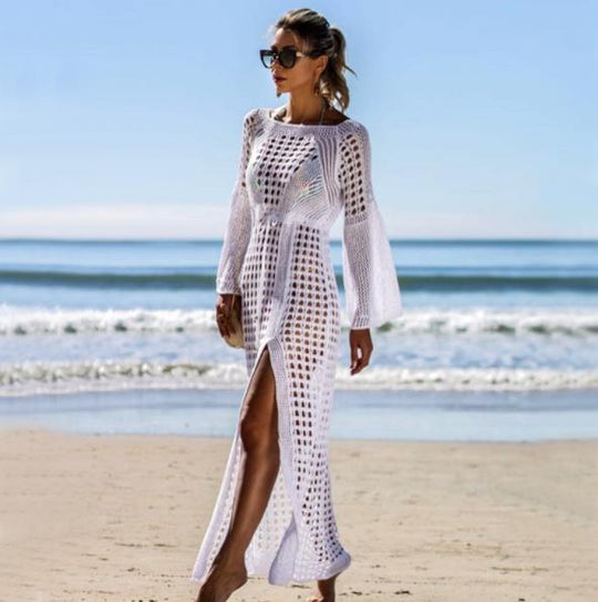 Damen Häkel-Strandkleid mit tiefem V-Ausschnitt und voluminösen Ärmeln EB