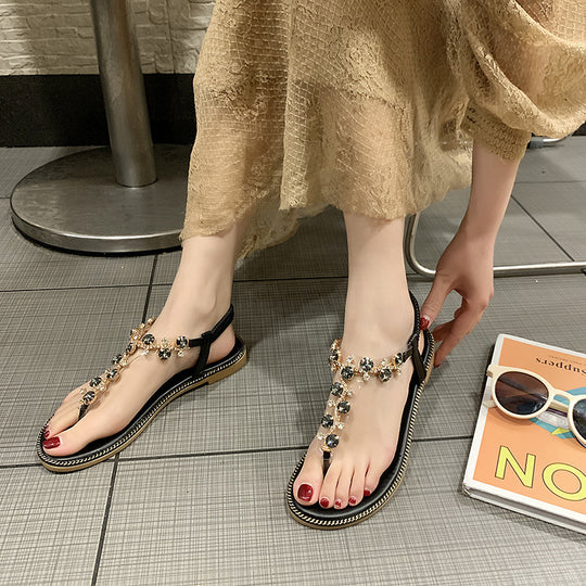 Damen nan flache T-Riemen-Sandalette mit funkelnder Schmuckkette, elastischem Fersenband und gepolstertem Fußbett EB