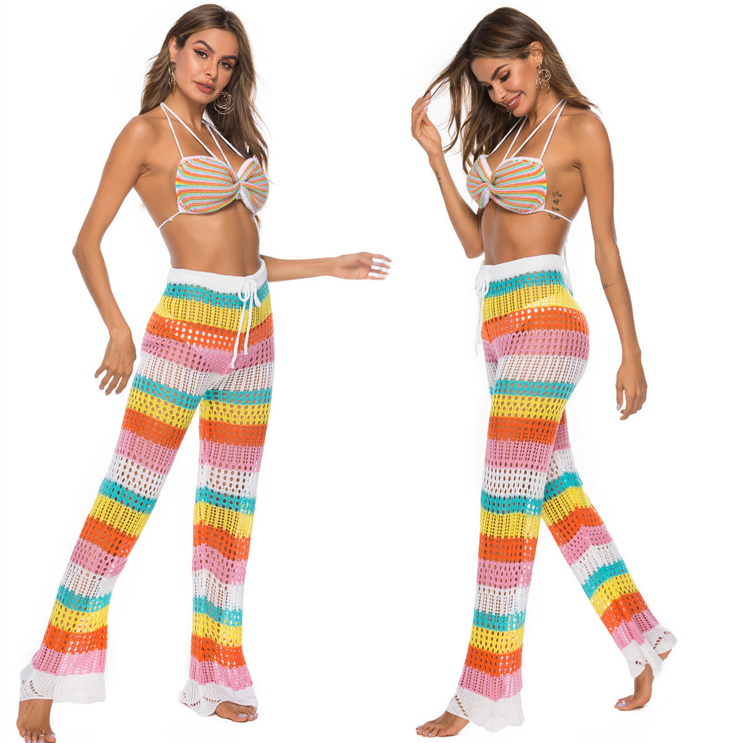 Damen luftige Häkel-Strickhose im modernen Farbblockdesign EB