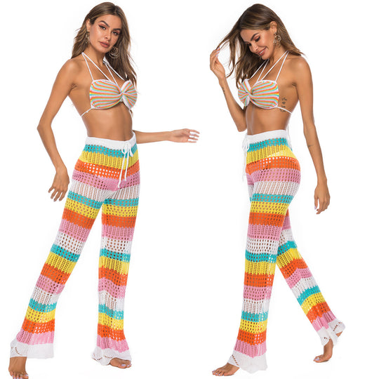 Damen luftige Häkel-Strickhose im modernen Farbblockdesign EB