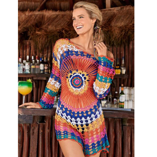 Damen Häkel-Strandüberwurf mit asymmetrischem Saum und buntem Muster EB