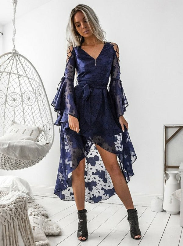 Damen Midi-Kleid mit transparenten Ärmeln und dekorativem Gürtel EB