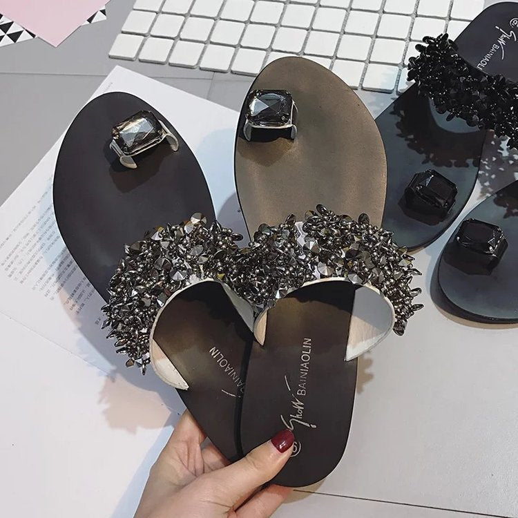 Damen nan Glamouröse Zehengreifer-Pantoletten mit facettierten Schmucksteinen und ergonomischem Komfortfußbett EB