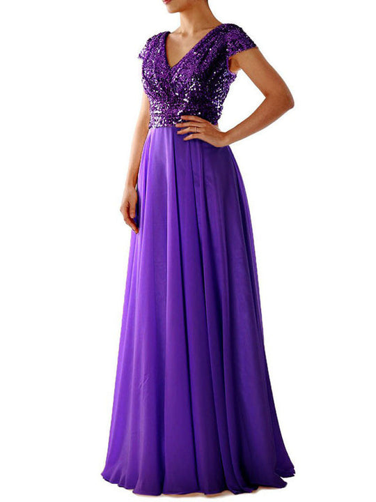 EB | Damen Kleider V-Ausschnitt Paillette Chiffon Paneel Maxi Kleid
