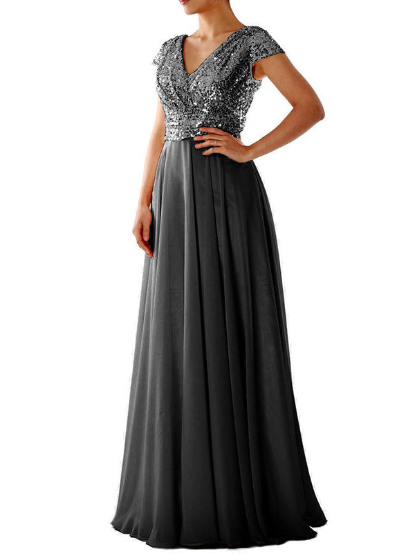 EB | Damen Kleider V-Ausschnitt Paillette Chiffon Paneel Maxi Kleid