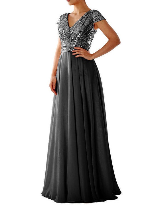 EB | Damen Kleider V-Ausschnitt Paillette Chiffon Paneel Maxi Kleid