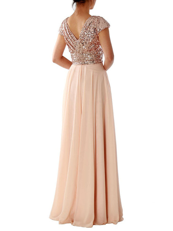 EB | Damen Kleider V-Ausschnitt Paillette Chiffon Paneel Maxi Kleid