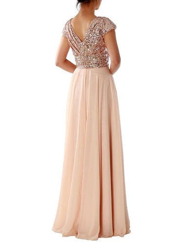 EB | Damen Kleider V-Ausschnitt Paillette Chiffon Paneel Maxi Kleid