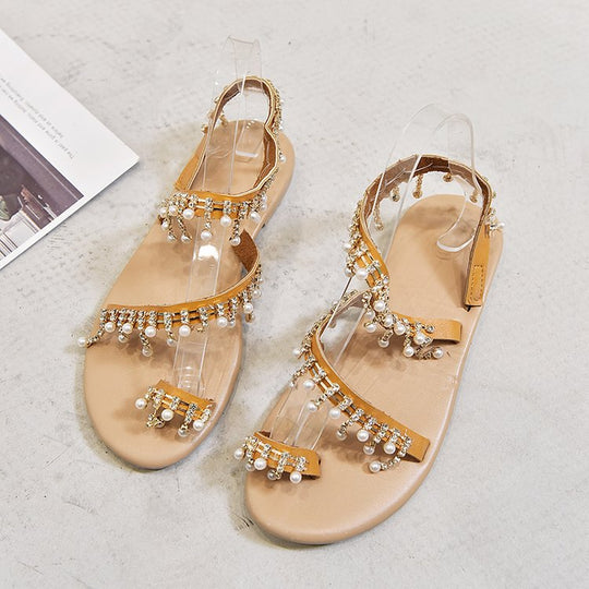 Damen elegante Riemchen-Sandalen mit funkelnden Perlenverzierungen EB