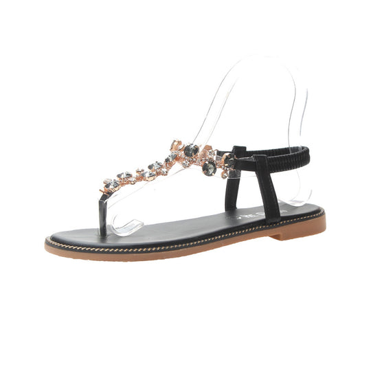 Damen nan flache T-Riemen-Sandalette mit funkelnder Schmuckkette, elastischem Fersenband und gepolstertem Fußbett EB