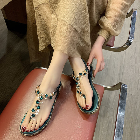 Damen nan flache T-Riemen-Sandalette mit funkelnder Schmuckkette, elastischem Fersenband und gepolstertem Fußbett EB