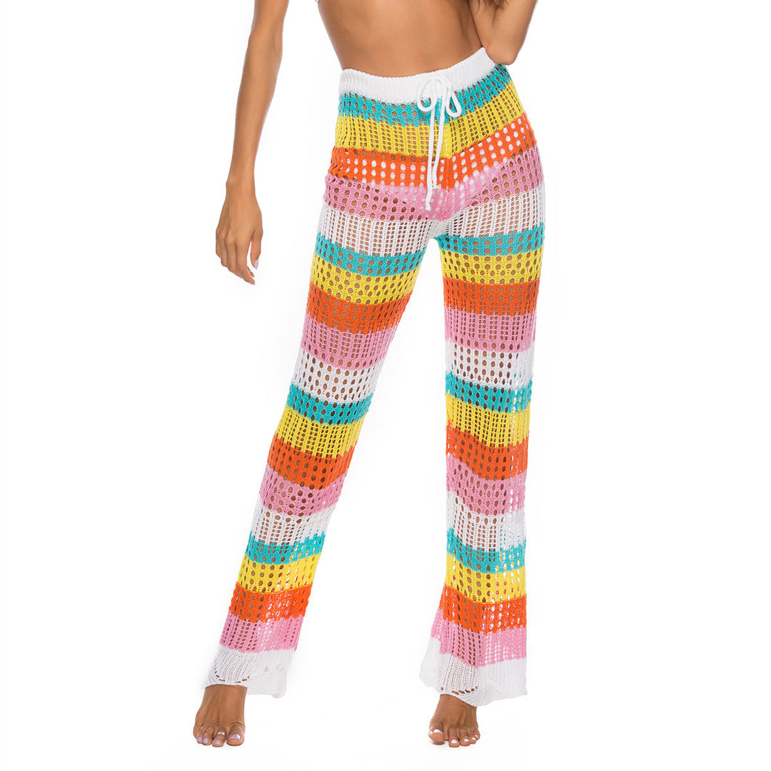 Damen luftige Häkel-Strickhose im modernen Farbblockdesign EB