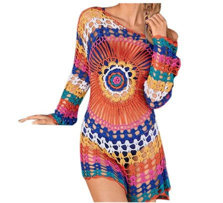 Damen Häkel-Strandüberwurf mit asymmetrischem Saum und buntem Muster EB