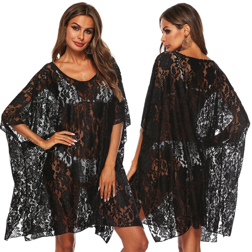Damen Transparente Spitzen-Strandüberwurf EB