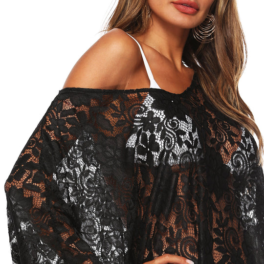 Damen Transparente Spitzen-Strandüberwurf EB